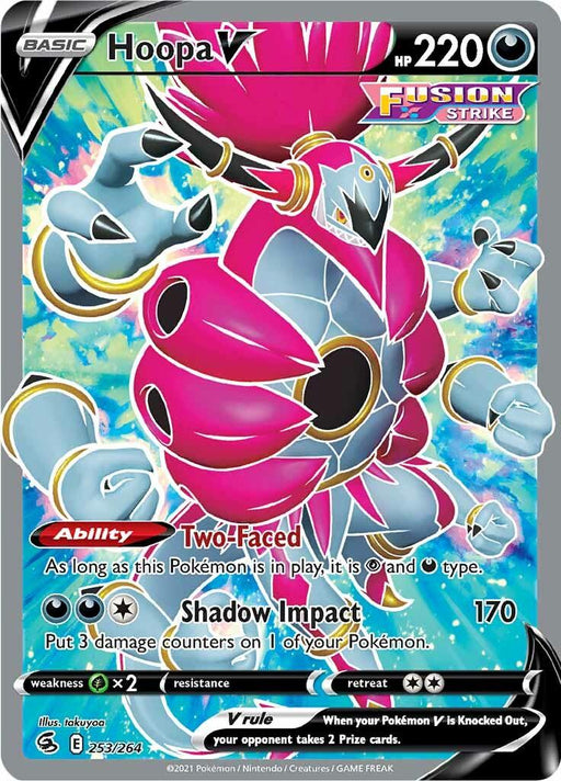 A Pokémon Hoopa V (253/264) [Sword & Shield: Fusion Strike] from the Sword & Shield series featuring the Ultra Rare "Hoopa V." The card has a colorful, swirling background with Hoopa V prominently displayed. Hoopa V has 220 HP and is a Fusion Strike type. Its abilities are "Two-Faced" and "Shadow Impact." The card's identifier is 253/264, with artwork by 5ban Graphics.
