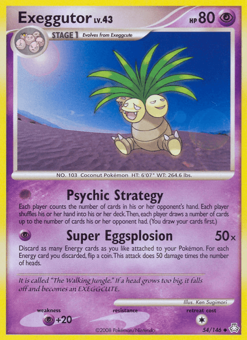 Exeggutor (54/146) [Diamond & Pearl: Legends Awakened] from Pokémon featuring Exeggutor. The card has 80 HP and moves "Psychic Strategy" and "Super Eggsplosion." The image showcases Exeggutor with multiple coconut-like heads and palm leaves against a jungle background. It's number 54/146 with a weakness to fire.