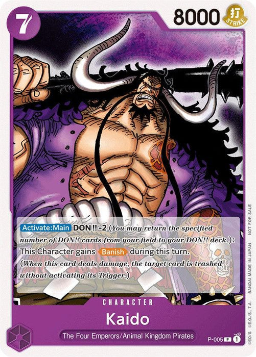 A card featuring the character Kaido (Promotion Pack 2022) [One Piece Promotion Cards] from the game "One Piece Promotion Cards" by Bandai. Kaido has a menacing appearance, with a muscular build and holding a large kanabo (spiked club). The card shows his power level (8000) and cost (7). Special skills and abilities are detailed below his image in a text box.