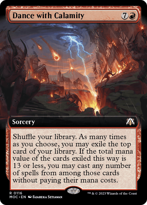 A Magic: The Gathering card titled "Dance with Calamity (Extended Art) [March of the Machine Commander]" from the March of the Machine Commander set. It's a rare sorcery with a casting cost of 7 generic and 1 red mana. The art depicts a dramatic, fiery scene with lightning and chaotic elements, and the text box explains its ability to shuffle and exile cards, casting some for free.