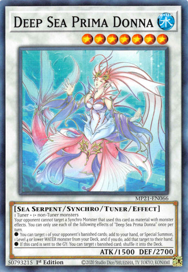 A Yu-Gi-Oh! trading card titled "Deep Sea Prima Donna [MP21-EN066] Common" from the 2021 Tin of Ancient Battles. It features an elaborate illustration of a mermaid-like, ethereal sea serpent with long flowing hair, holding a staff and entwined in ribbons. This Tuner/Synchro/Effect Monster boasts ATK 1500 and DEF 2700.