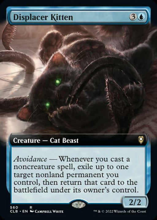A "Magic: The Gathering" card titled "Displacer Kitten (Extended Art) [Commander Legends: Battle for Baldur's Gate]," a creature of the Cat Beast type, features an illustration of a black, ghostly cat with glowing blue eyes and a shadowy terrain in the background. This rare card from Battle for Baldur's Gate requires 3 colorless mana and 1 blue mana to cast. Its ability, "Avoidance," allows the ex