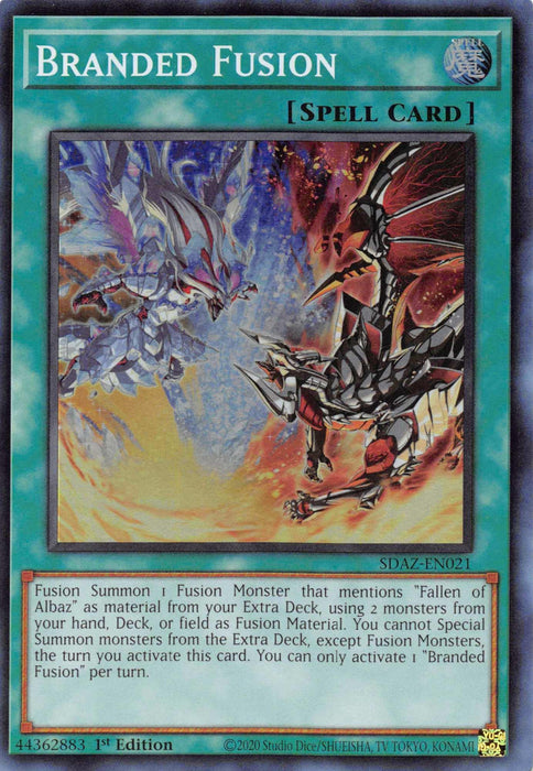 An image of the Yu-Gi-Oh! card "Branded Fusion [SDAZ-EN021] Super Rare" from the Albaz Strike set. It depicts a dynamic scene of two dragon-like creatures, akin to the Fallen of Albaz, merging amidst swirling flames and energy. The card's teal border frames text detailing its power to fusion summon using specific materials from various locations.