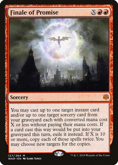 The image shows a Magic: The Gathering card from War of the Spark titled "Finale of Promise [War of the Spark]." It's a red sorcery card with a casting cost of X and two red mana. The illustration depicts a dragon flying over a moonlit cityscape with an ominous light in the sky, highlighting its complex spell-casting abilities.