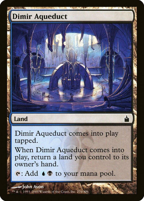 A Magic: The Gathering product named Dimir Aqueduct [Ravnica: City of Guilds]. This Land card features a grand, blue-lit subterranean aquatic structure with arched channels and flowing water. It reads: "Dimir Aqueduct comes into play tapped. When Dimir Aqueduct comes into play, return a land you control to its owner's hand. {T