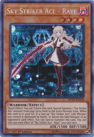 A Yu-Gi-Oh! trading card titled "Sky Striker Ace - Raye [MP19-EN259] Prismatic Secret Rare" from the 2019 Gold Sarcophagus Tin, showcasing a character with long white hair holding a sword, wearing a dark dress and mechanical arm. The background is a digital grid with blue and green hues, and the Prismatic Secret Rare card includes text detailing her abilities and stats.