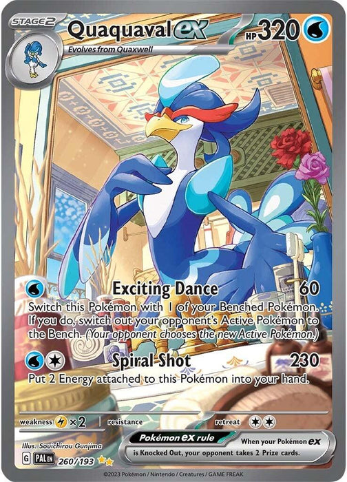 A Special Illustration Rare Pokémon Quaquaval ex (260/193) [Scarlet & Violet: Paldea Evolved] trading card featuring Quaquaval ex, a blue, bird-like Pokémon with a red comb and white feathered trimmings. Part of the Scarlet & Violet: Paldea Evolved series, it boasts 320 HP with abilities Exciting Dance and Spiral Shot. The card is numbered 260/193.
