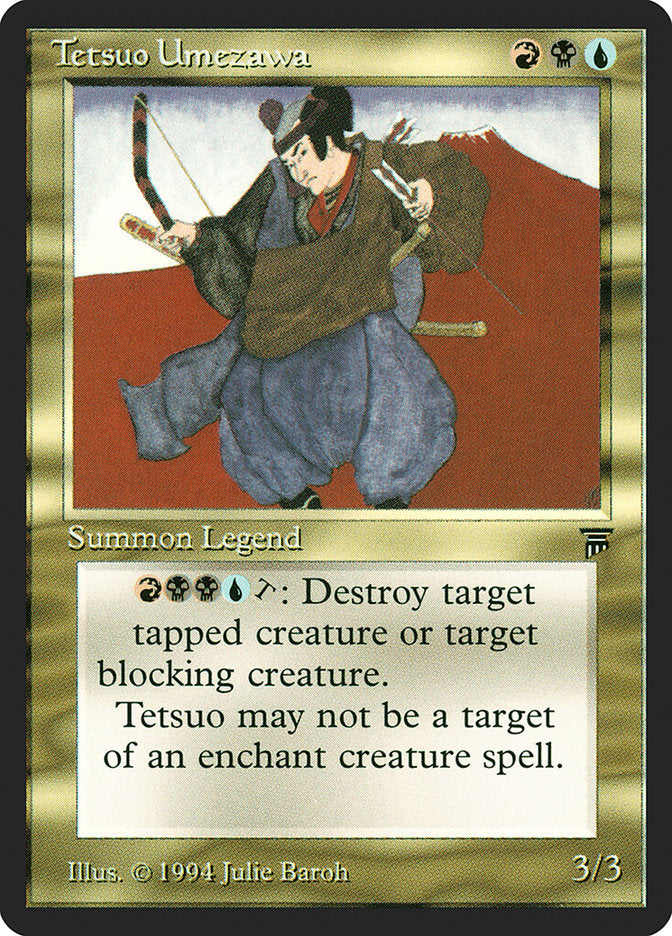 The Magic: The Gathering trading card, *Tetsuo Umezawa [Legends]*, features an illustrated samurai depicted as a legendary creature in traditional attire, equipped with a sword and a flute. This rare card incorporates mana symbols for gameplay and includes text outlining its special abilities. It boasts a power and toughness rating of 3/3, with the artwork by Julie Baroh © 1994.