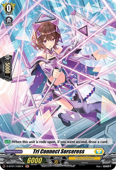 This holo trading card, featuring "Tri Connect Sorceress (D-BT01/H36EN) [Genesis of the Five Greats]" from Bushiroad's "Cardfight!! Vanguard: Genesis of the Five Greats" series, showcases a young sorceress in a dynamic pose, surrounded by purple, pink, and blue triangular projections. The text below indicates the card attributes: Grade 0, Power 6000, Critical 1. Ability: draw a card when rode upon if second.