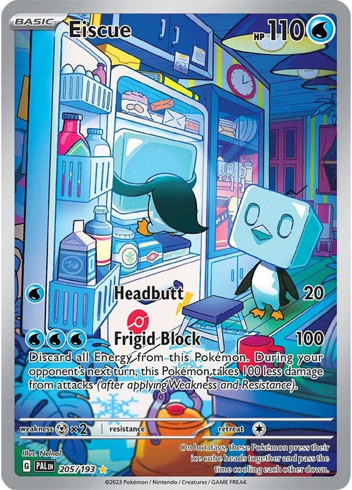 A Pokémon trading card featuring Eiscue, a penguin-like Pokémon with an ice cube for a head. It has 110 HP and two moves: Headbutt (20) and Frigid Block (100), which also provides damage resistance. Eiscue (205/193) [Scarlet & Violet: Paldea Evolved] from the Pokémon series stands in front of an open fridge filled with various items against an icy background.