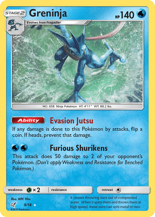 The image shows a Holo Rare Pokémon trading card for Greninja (9/18) [Sun & Moon: Detective Pikachu]. Greninja, a Water Type, is depicted in an action pose with water splashing around it. The card is of stage 2, with 140 HP and features attacks "Evasion Jutsu" and "Furious Shurikens." The text indicates weaknesses, resistances, and Pokémon stats from the Pokémon brand.