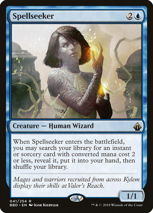 A Magic: The Gathering product named Spellseeker [Battlebond]. It depicts a blue-robed Human Wizard with glowing eyes, holding a small, luminous orb. The card costs 2 colorless and 1 blue mana, has a rarity symbol, and provides a search ability for spells with a converted mana cost of 2 or less.
