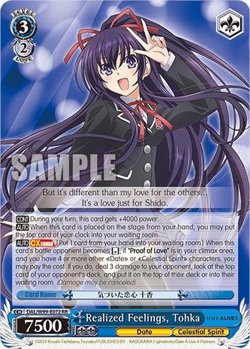 Image of a "Realized Feelings, Tohka [Date A Live Vol.2]" trading card from the Bushiroad set. This Double Rare card features an anime-style character with long purple hair, wearing a black and purple outfit, smiling and saluting. The Celestial Spirit card showcases various stats, abilities text, and "7500" power.