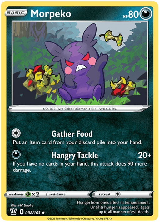 A Pokémon card for Morpeko (098/163) [Sword & Shield: Battle Styles] from the Pokémon brand shows a purple, hamster-like creature with dark circles under its eyes and a yellow cheek marking. It has 80 HP and two moves: Gather Food and Hangry Tackle. The Battle Styles card features its details like height, weight, and abilities in a text box at the bottom.