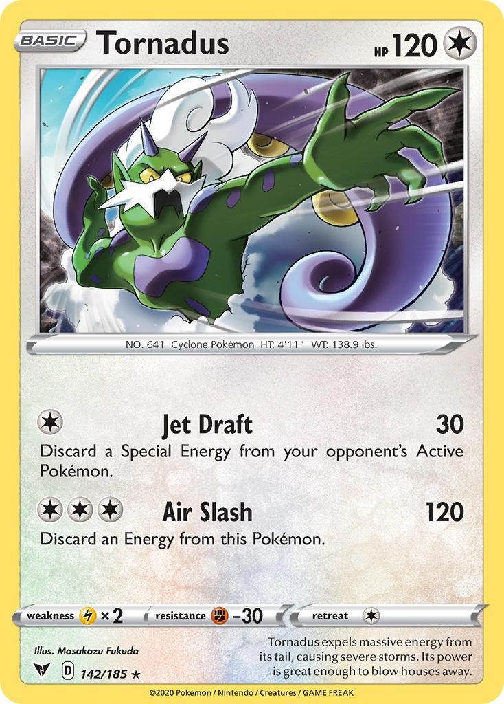 This Holo Rare Pokémon card, titled Tornadus (142/185) [Sword & Shield: Vivid Voltage] from the Vivid Voltage set, features a green, muscular Pokémon with purple cloud-like accents and a distinctive white mustache. It highlights moves such as Jet Draft and Air Slash, boasts 120 HP, and has an Electric weakness.