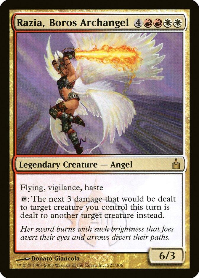 The Magic: The Gathering card "Razia, Boros Archangel" from the Ravnica: City of Guilds set showcases a legendary angel. This card, numbered 223 out of 306 in the series, features Razia, the Boros Archangel, adorned with a golden border. It artfully illustrates her with white wings and a flaming sword. Her abilities include flying, vigilance, haste, and the power to redirect damage, while her power and toughness are noted as 6/3.