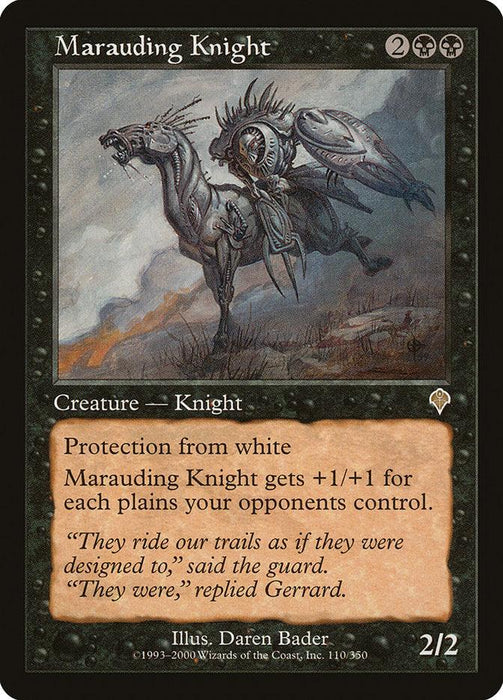 A Magic: The Gathering card named Marauding Knight [Invasion], a rare creature with protection from white. It costs 2 black mana and 2 generic mana to play. The card features artwork of a Phyrexian Zombie Knight on a rearing horse in a dark, stormy setting. It gains +1/+1 for each Plains an opponent controls and has power/toughness of 2/2.
