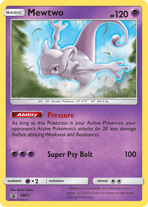 The image is of a Pokémon trading card from the Sun & Moon series featuring Mewtwo (SM77) [Sun & Moon: Black Star Promos], a Psychic-type Pokémon. The card has 120 HP and displays an image of Mewtwo in an attacking pose. It details Mewtwo's ability, "Pressure," and its move, "Super Psy Bolt," which deals 100 damage.