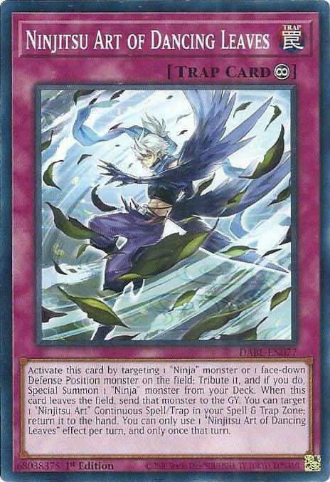 An image of a Yu-Gi-Oh! Trading Card named Ninjitsu Art of Dancing Leaves [DABL-EN077] Common from the *Darkwing Blast* set. This continuous trap, with its purple borders, lets you summon a 