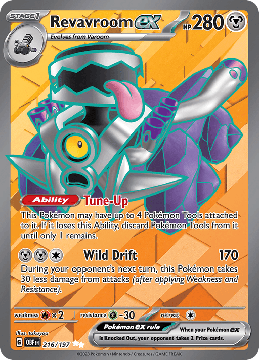 A trading card featuring Revavroom ex (216/197) [Scarlet & Violet: Obsidian Flames], a Stage 1 Pokémon from the Pokémon series. It boasts 280 HP and evolves from Varoom. The card background is orange with metallic gears, and Revavroom ex appears as a silver engine with a cartoonish face and purple protruding pipes. This Ultra Rare card includes abilities "Tune-Up" and "Wild Drift.