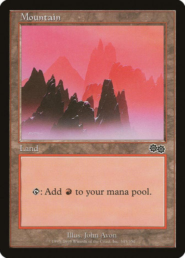 The Magic: The Gathering card "Mountain (345) [Urza's Saga]" is a Basic Land illustrated by John Avon, which depicts sharp, jagged peaks under a vibrant gradient red sky. It has the ability: "Tap: Add red mana to your mana pool," and features brown card borders.