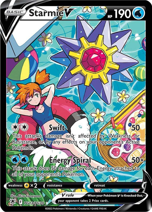 A Pokémon card featuring Starmie V (TG13/TG30) [Sword & Shield: Astral Radiance] with 190 HP from the Astral Radiance series. The card art displays Starmie, a star-shaped aquatic Pokémon, with a large red gem in its center, hovering over water. A female trainer swims nearby. The attacks listed are Swift and Energy Spiral, framed by a black border and various stats/details.