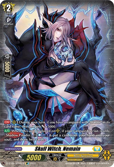 The product "Skull Witch, Nemain" (D-BT05/SP06EN) from Bushiroad's series, "Triumphant Return of the Brave Heroes," features an anime-style witch dressed in revealing black armor with blue accents and sporting long white hair. The card's text provides details on her gameplay abilities, while the background evokes a mystical atmosphere filled with swirling dark and light energies, capturing the essence of the Shadow Paladin clan.