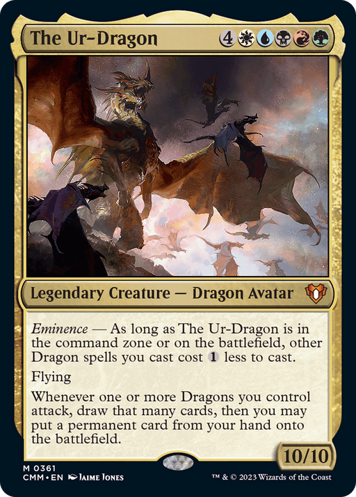 The Ur-Dragon [Commander Masters], a Legendary Creature in Magic: The Gathering, is depicted as a colossal dragon soaring against a stormy backdrop. With a gold frame and its mana cost at the top right, it boasts the keywords Eminence and Flying, affecting dragon spells and card draw. Its power and toughness stand at 10/10.