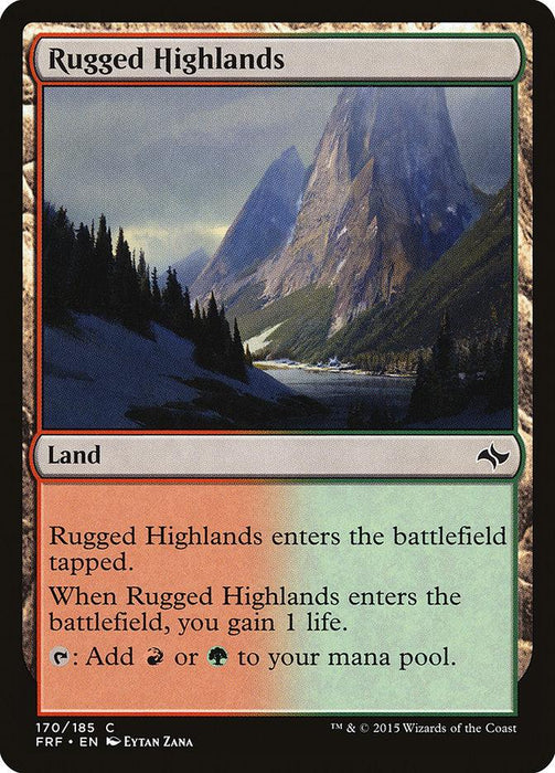 A "Rugged Highlands" [Fate Reforged] card from Magic: The Gathering. The card shows a majestic highland landscape with towering mountains and pine trees. It reads, "Rugged Highlands enters the battlefield tapped. When Rugged Highlands enters the battlefield, you gain 1 life. Tap: Add Red or Green to your mana pool." It's a Land card numbered 170/185