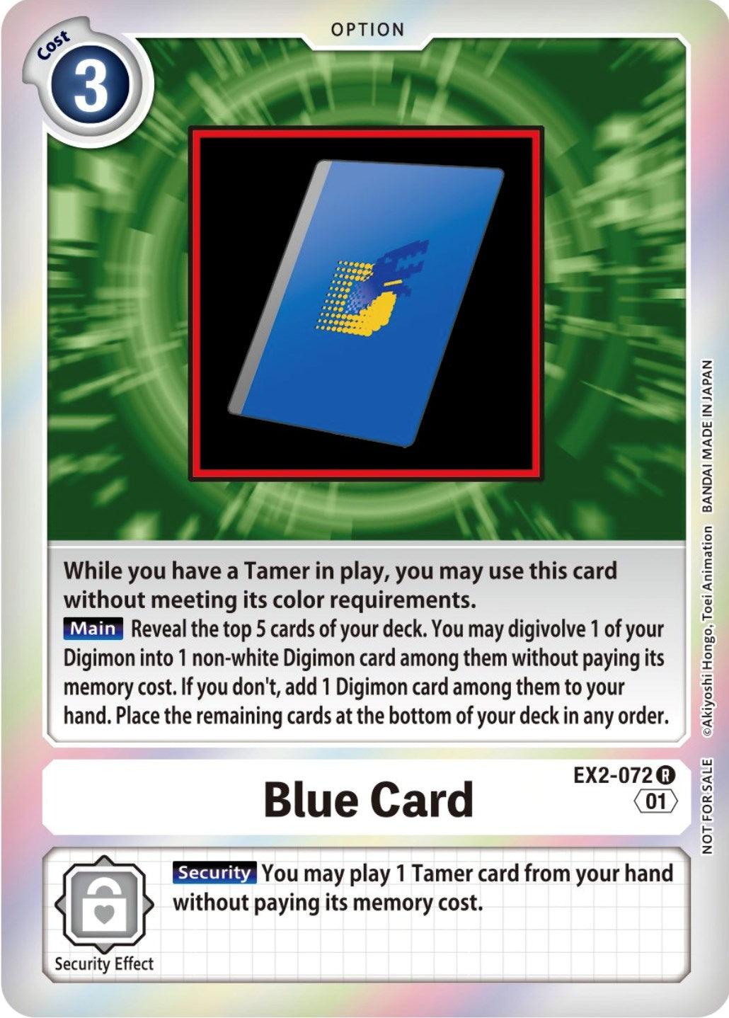 An image of the Blue Card [EX2-072] (Event Pack 4) from the Digimon card game shows a blue card with a yellow claw symbol in the center. The card's description highlights its abilities: revealing cards from your deck, digivolving, and playing a Tamer card for free from your hand, making it one of the standout Digital Hazard Promos.