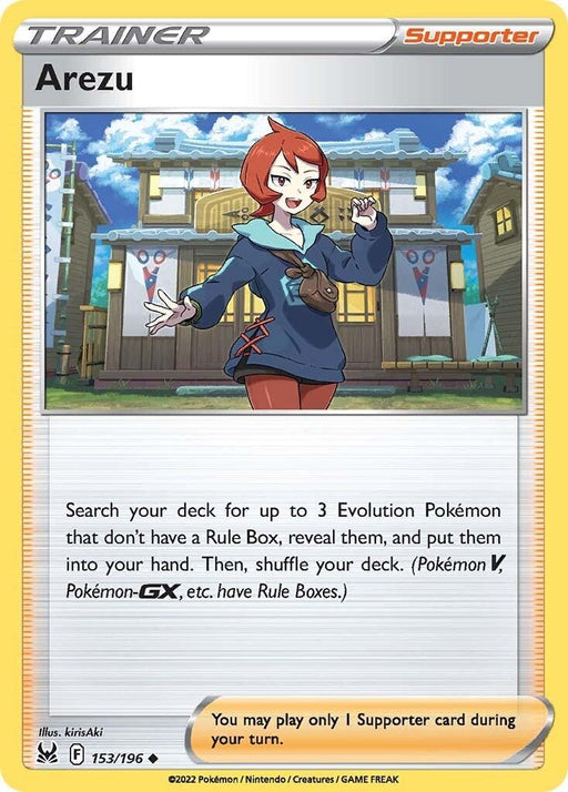 A Pokémon card titled "Arezu (153/196) [Sword & Shield: Lost Origin]" from the Pokémon set features an illustration of a red-haired girl in a blue hoodie standing outside a house with a garden and mountains in the background. The card text explains that you can search your deck for up to 3 Evolution Pokémon without a Rule Box.
