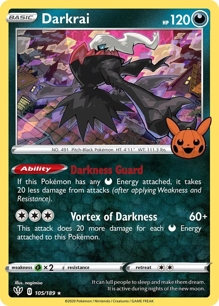 This promo Pokémon trading card, Darkrai (105/189) [Trick or Trade], features a shadowy figure with a red plume and a ghostly black body hovering over a dark cityscape. Utilize its Darkness Guard and Vortex of Darkness abilities, with stats including 120 HP, a weakness to Fighting, and a retreat cost of two energy.