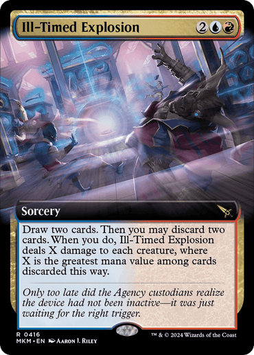 A Magic: The Gathering card titled "Ill-Timed Explosion (Extended Art) [Murders at Karlov Manor]". It has a multicolored border with a blue and red design. The illustration shows a dramatic explosion in a dark room, debris flying, and startled figures reacting. Evoking the chaos of "Murders at Karlov Manor," the card's text below describes its sorcery effects in the game.