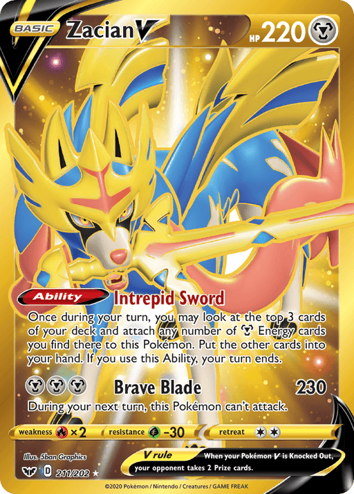 A Pokémon trading card showing Zacian V (211/202) [Sword & Shield: Base Set] with 220 HP from the Pokémon series. It features a vibrant design with the Metal Type Zacian wielding a sword in its mouth, surrounded by dynamic yellow and blue elements. The Secret Rare card details its abilities: "Intrepid Sword" and "Brave Blade," alongside energy costs, weaknesses, and other stats.
