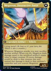 The image depicts "Megatron, Tyrant // Megatron, Destructive Force [Transformers]," a legendary artifact creature card from "Magic: The Gathering" with a power of 4 and toughness of 5. This mythic rarity card features a tank firing a large energy blast and details its Living Metal ability and attack effects.