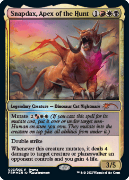 A Magic: The Gathering card titled "Snapdax, Apex of the Hunt [Year of the Tiger 2022]," depicts a fierce, horned, quadrupedal creature with a cat-like body and dinosaur features, roaring amidst dynamic, fiery artwork. This Legendary Creature - Dinosaur Cat Nightmare boasts 3/5 stats and showcases abilities like Mutate and Double Strike.