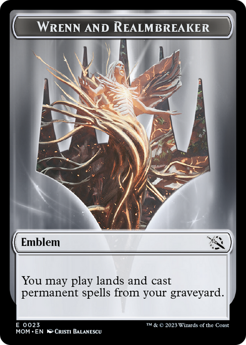 A Magic: The Gathering token, named "Wrenn and Realmbreaker Emblem [March of the Machine Tokens]," showcases artwork of a glowing, ethereal figure emerging from a jagged, spiked structure. This Emblem lets you play lands and cast permanent spells from your graveyard, adding significant strategic depth to matches.