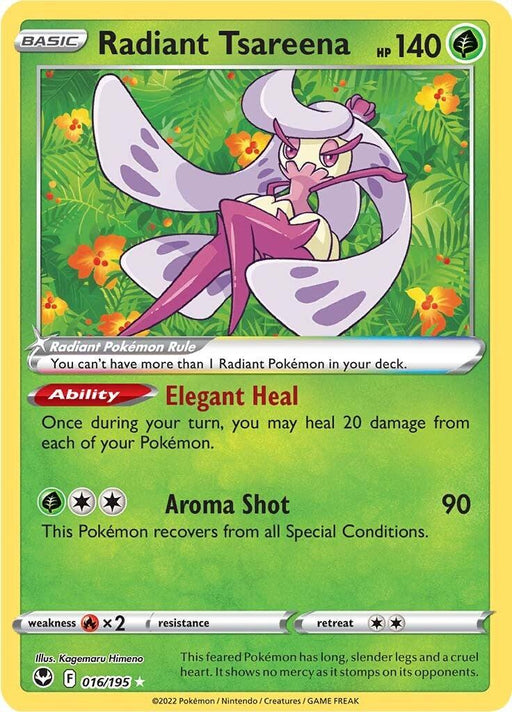 A Pokémon card displaying **Radiant Tsareena (016/195) [Sword & Shield: Silver Tempest]** against a vibrant jungle background. This Grass Type card, part of the **Pokémon** Silver Tempest series, lists Radiant Tsareena with 140 HP and the abilities Elegant Heal and Aroma Shot. The Ultra Rare Pokémon has a weakness to fire, resistance to water, and a retreat cost of two energy.