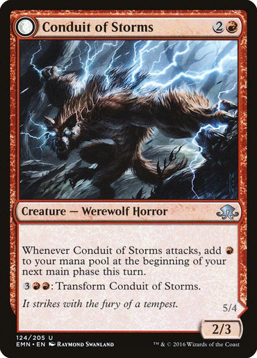 A "Magic: The Gathering" card titled "Conduit of Storms // Conduit of Emrakul" from the Eldritch Moon set. It depicts a fierce werewolf amid a storm with lightning striking in the background. The red-framed card features a Werewolf Horror creature type, specifies attack-based mana generation, and has a transformation ability.