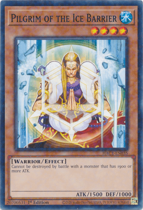 A Yu-Gi-Oh! trading card named "Pilgrim of the Ice Barrier (Duel Terminal) [HAC1-EN035] Common" from the Hidden Arsenal series. This Common Effect Monster, marked as 1st Edition HAC1-EN035, has an ATK of 1500 and DEF of 1000. Its artwork depicts a hooded warrior in gold and white armor meditating, with the effect: "Cannot be destroyed by