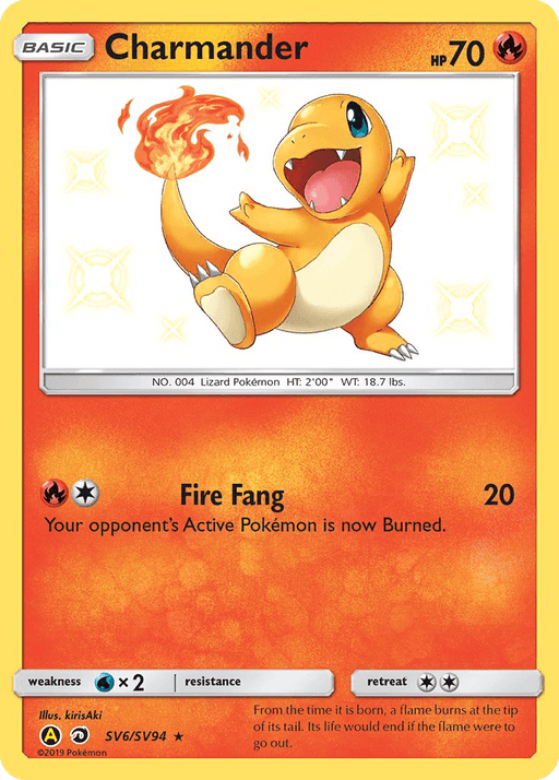 A Pokémon trading card featuring a Charmander (SV6/SV94) [Sun & Moon: Hidden Fates - Shiny Vault]. The card has an orange and yellow gradient background with a bright, smiling Charmander in the center doing a jumping pose, surrounded by small flames. This Ultra Rare card from the Sun & Moon: Hidden Fates series boasts 70 HP and Fire Fang, inflicting 20 damage and burning the opponent.