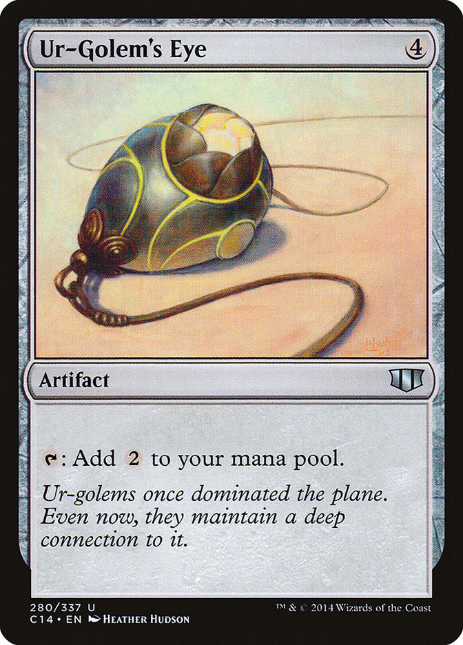 Ur-Golem's Eye [Commander 2014], a Magic: The Gathering artifact card, showcases a spherical relic with intricate patterns beneath glass. It allows players to "Add 2 to your mana pool" for four colorless mana.