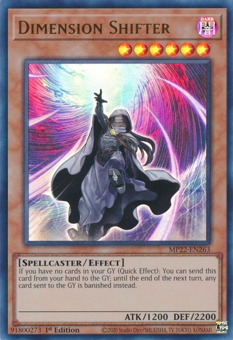 A Dark attribute Spellcaster Effect Monster card called "Dimension Shifter [MP22-EN263] Ultra Rare" from the Yu-Gi-Oh! trading card game. This Ultra Rare, featured in the 2022 Tin of the Pharaoh's Gods, depicts a robed figure amid a cosmic background. Its quick effect banishes cards sent to the Graveyard until the end of your next turn. The card's stats are 1200.