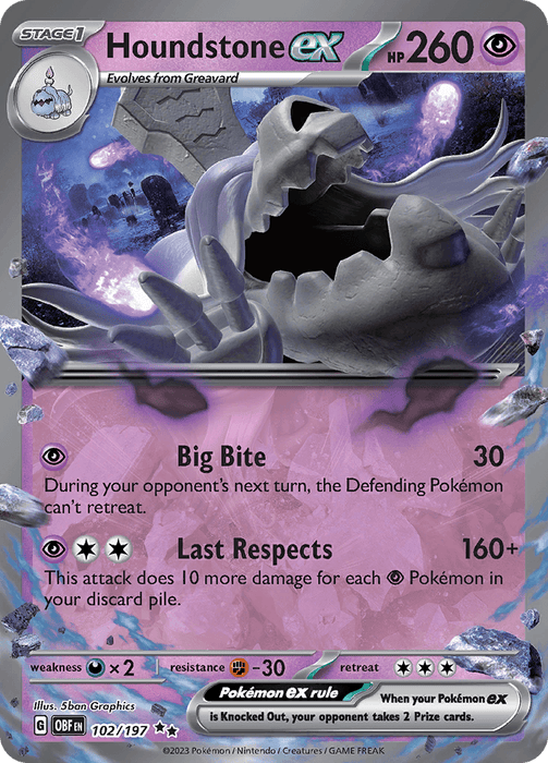 The image is a Pokémon trading card for Houndstone ex (102/197) [Scarlet & Violet: Obsidian Flames] from the Pokémon series, featuring an eerie, ghostly Houndstone against a dark backdrop with purple and grey tones. The card boasts 260 HP and offers two attacks: "Big Bite" (30 damage) and "Last Respects" (160+ damage). It is numbered 102/197.