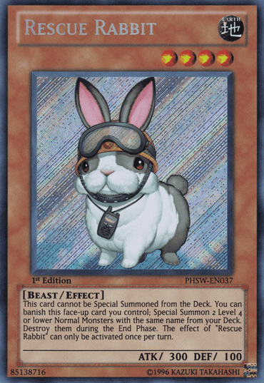 Yu-Gi-Oh! card "Rescue Rabbit [PHSW-EN037] Secret Rare," an Effect Monster from the Photon Shockwave set, features an illustrated white rabbit with brown markings. It wears a large gray helmet with bunny ears and a necklace with a cross sign. The card text describes its special summoning effect and lists its attack and defense points as 300 and 100, respectively.