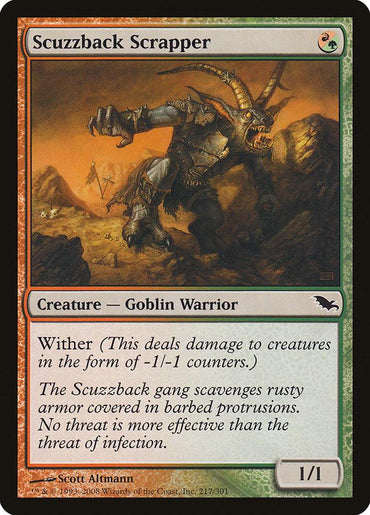 The Magic: The Gathering card titled "Scuzzback Scrapper [Shadowmoor]" features a 1/1 Goblin Warrior with a green and red border. This card from Shadowmoor has the ability "Wither." The illustration shows a goblin warrior in spiked armor, wielding dual weapons, and scavenging amidst a chaotic, fiery background.