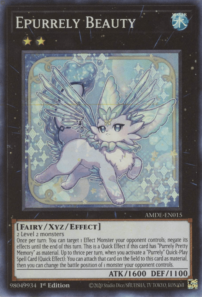 Image of a Yu-Gi-Oh! trading card featuring the Epurrely Beauty [AMDE-EN015] Super Rare, a Fairy Xyz/Effect Monster. The card's artwork shows a mystical, winged cat creature adorned with glowing crystals and pastel colors. Card text and stats are visible: ATK/1600 DEF/1100. The card is marked 