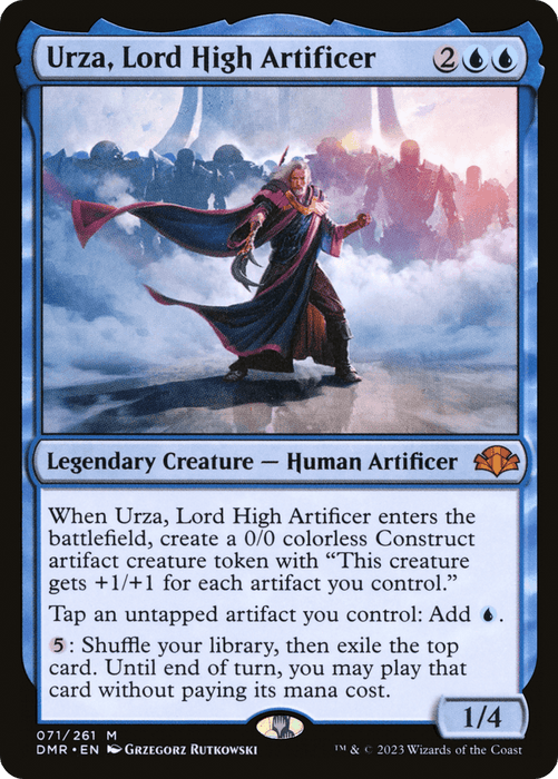 Magic: The Gathering card "Urza, Lord High Artificer [Dominaria Remastered]" is a mythic blue Legendary Creature. It depicts a robed figure with glowing hands standing on a platform with followers. The card text includes abilities like creating artifact creatures, tapping artifacts for blue mana, and playing exiled cards. Stats are 1/4.