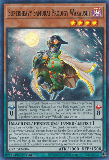 Image of the Yu-Gi-Oh! card "Superheavy Samurai Prodigy Wakaushi [CYAC-EN006] Super Rare" from Cyberstorm Access. The Tuner/Pendulum Monster features a character in a red and green robe with mechanical elements and goggles, playing a flute. With 1000 ATK, 1500 DEF, and Pendulum Scale values of 8, its effect text is displayed in detail.