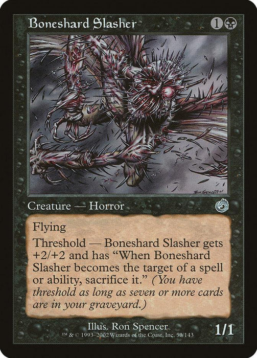 The "Boneshard Slasher [Torment]" card from Magic: The Gathering features a macabre illustration of a flying, skeletal Creature Horror with bone shards protruding from its body. This black-bordered card showcases its abilities, including Flying and Threshold.